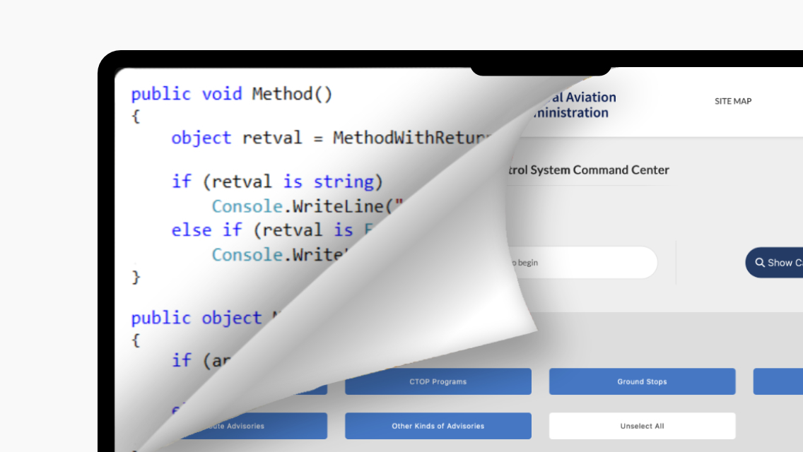 A tablet screen mid-transition, peeling back from raw front-end code to reveal the finished ATRRS command-center interface underneath